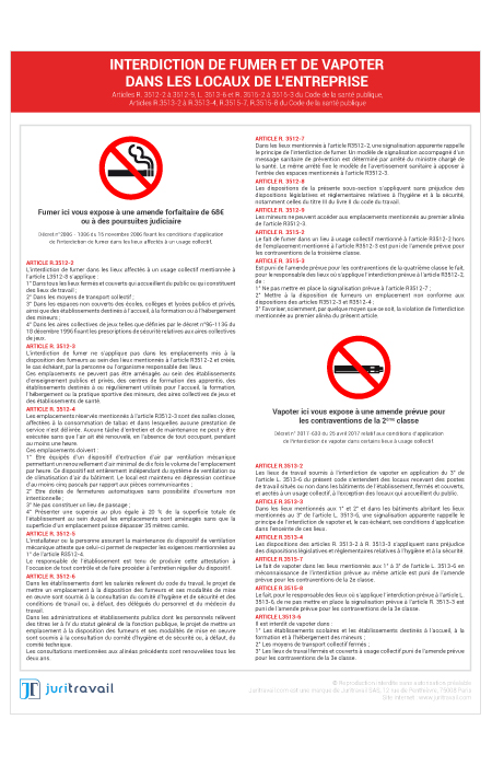 visuel Affichage obligatoire Interdiction de Fumer et de Vapoter sur les lieux de travail